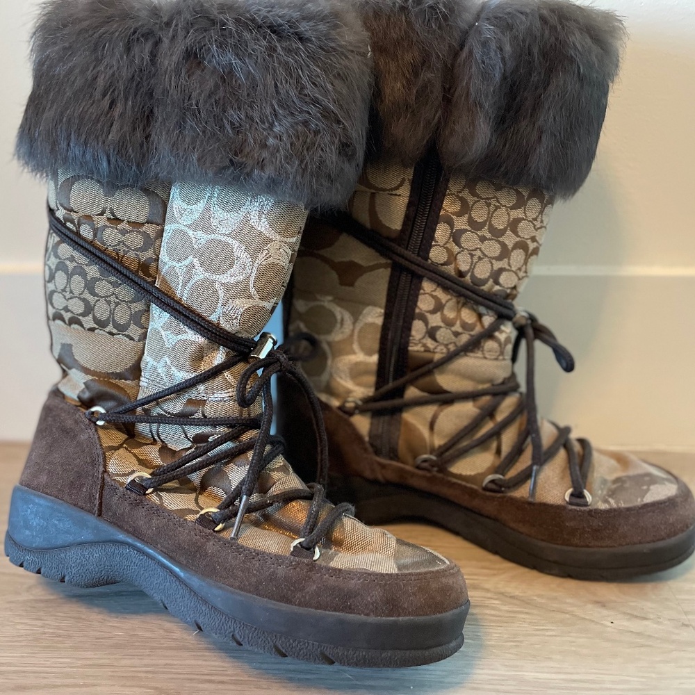 Coach Fur Brown Monogram Patchwork Winter Boots - image 1